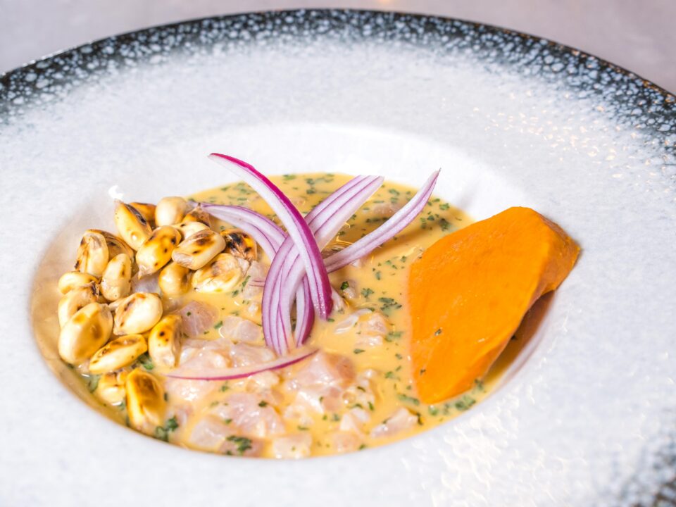Ceviche de corvina con leche de tigre y sus cosicas